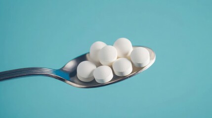 It's a white pills on a spoon, isolated over a blue background. Close-up of a round white tablet or medicine