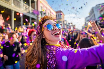 Obraz premium People in colorful costumes, masks, and feathered accessories dance energetically in the streets during the Mardi Gras celebration.In the background, decorated floats, banners, and festive lights.