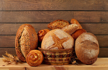 Whole grain homemade bread, different types of round sourdough bread with crispy crust, baguettes,...