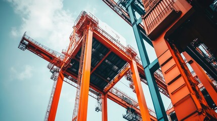 Fototapeta premium Giant Orange Cargo Cranes Under a Cloudy Sky