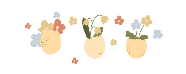Fototapeta premium Clipart of hand drawn vector illustrations of Easter eggs and wildflowers bouquet like snowdrops daisy flowers. Spring composition set in pastel colors