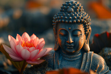 Buddha statue with lotus flower near a pond.