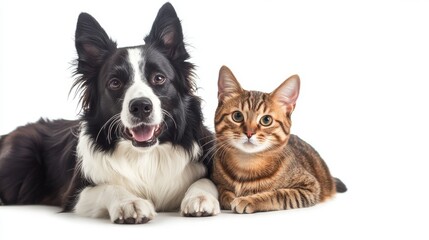 Fototapeta premium A black and white Border Collie dog and a brown tabby cat are sitting next to each other on a white backdrop.