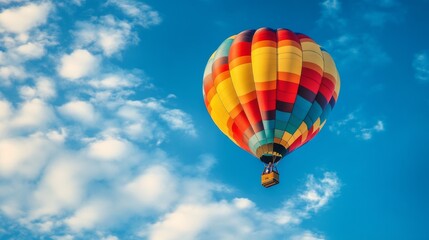 Obraz premium A colorful hot air balloon soars through the sky during the warm afternoon hours.
