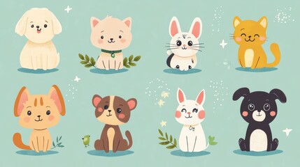 Adorable cartoon pet illustrations!

Find a playful mix of dogs, cats, birds, rabbits, and more in fun poses. These cute animals liven up any space with their cheerful presence.