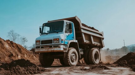 Obraz premium Dump truck hauling dirt on a construction site