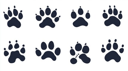 Collection of dog paw prints in various shapes and sizes on a white background. Each paw print is drawn as a vector illustration, making it easy to resize and use in different applications.