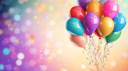 Colorful balloons with ribbons make a vibrant background. Use the empty space for your party details.