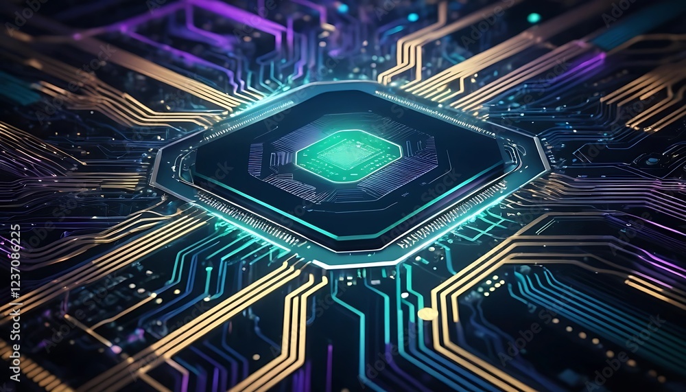 Poster cyberpunk circuitry: glowing microchip and intricate network