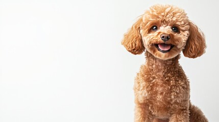 Happy, smiling, smart dog, purebred Toy Poodle sitting and giving paw on a white background. Concept of animals, domestic pet, care, vet, joy, fun, and pet friend. Copy space for ad
