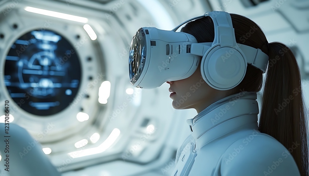 Poster woman in futuristic spacesuit using vr headset in spaceship.
