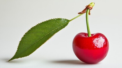Ripe red cherry with a stem and green leaves, separated from the background.