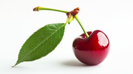 Ripe red cherry with a stem and green leaves, separated from the background.