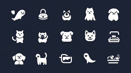 Fototapeta premium This set of icons features solid glyphs of pets, including dogs, cats, fish, stores, and food. They're perfect for use in website design, marketing, logos, apps, templates, and user interfaces.