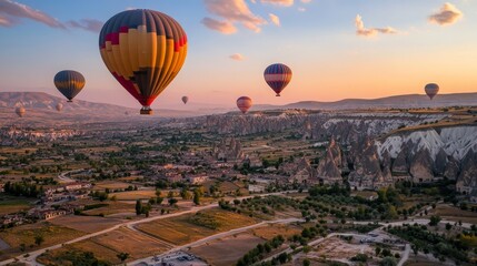 Naklejka premium Tourists in hot air balloons touch down in Cappadocia, Turkey on September 27, 2021.