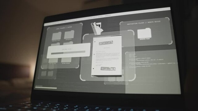 Laptop screen with secret files and classified documents copied or hacked. Hacking server system and remote computer uploading documents to cloud. Top secret information stolen exposed from computer