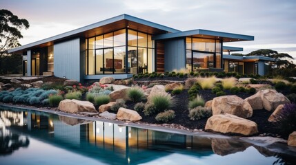 Obraz premium An eco friendly home powered by solar panels, surrounded by a lush garden with native plants, illustrating sustainable living