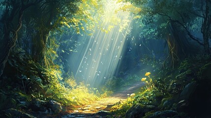 Obraz premium Sunlit Forest Path With Butterflies And Mushrooms