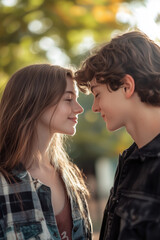 Young teen couple on their first date. Teenage boy and teenage girl celebrating Valentine's Day. Boyfriend and girlfriend spending time together outdoors. First love concept.