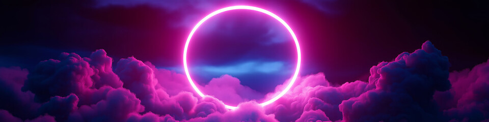 Fototapeta premium Glowing neon circle illuminates vibrant purple clouds, creating a surreal and otherworldly atmosphere in a fantasy sky