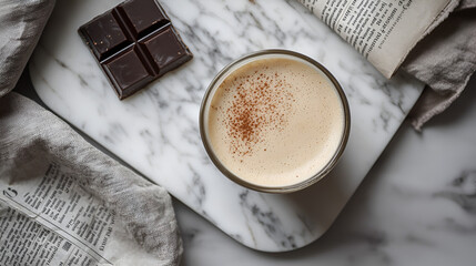 A warm beverage topped with a sprinkle of spice sits on a marble surface alongside a piece of dark chocolate and snippets of text.
