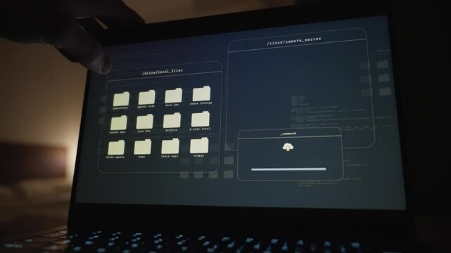 Uploading classified info and documents to remote server using laptop in room. Dark hotel suite where hacker is copying and transferring secret files from system database into cloud. Cyber crime