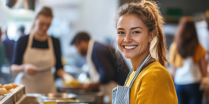 Young person serving hot food for homeless in community charity donation center. Volunteer at a soup kitchen, serving food with a warm and compassionate smile.