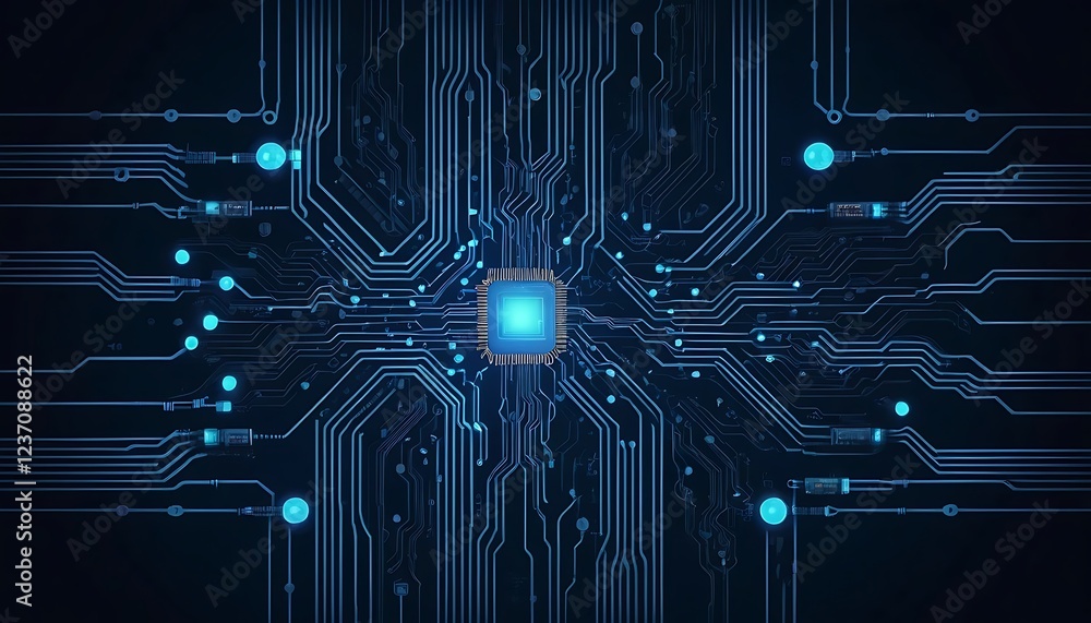 Poster central processing unit: glowing circuit board abstract