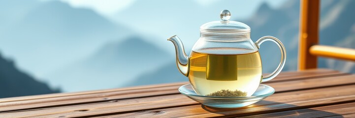 Enjoying tea in a mountain setting with a stunning view of nature and tranquility