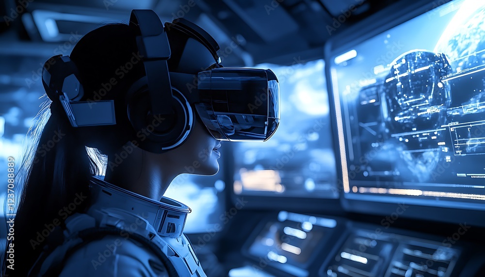 Poster astronaut using vr headset, analyzing data on futuristic monitors.