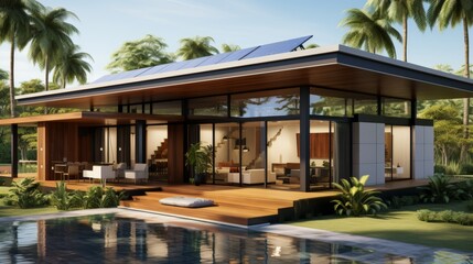 Fototapeta premium An eco friendly home powered by solar panels, surrounded by a lush garden with native plants, illustrating sustainable living