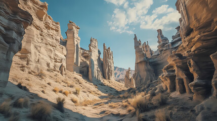 Mysterious desert canyon landscape with towering rock formations and blue sky. Muted Earthtones. Illustration