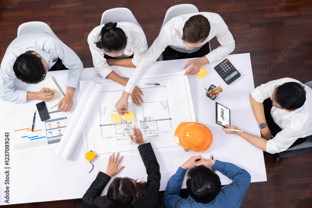 Poster Top view banner of diverse group of civil engineer and client working together on architectural project, reviewing construction plan and building blueprint at meeting table. Prudent