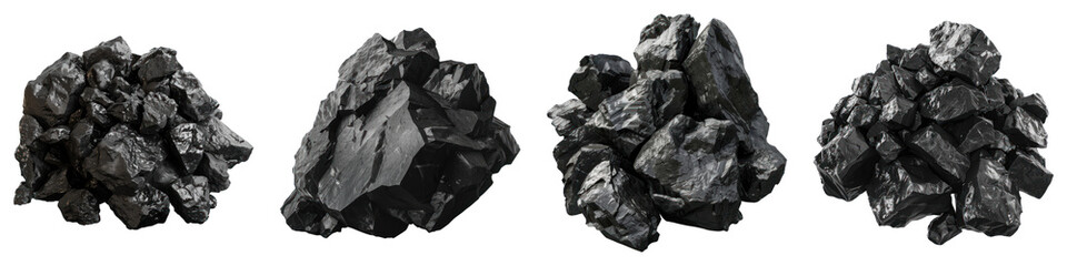 Black coal isolated on transparent background, PNG, Set of