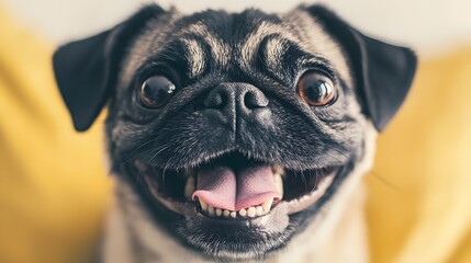 Happy Pug with Expressive Face on Bright Yellow Background