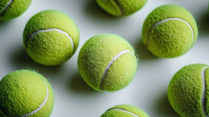 Close-up of tennis balls on a white background, showcasing their fuzzy texture and bright yellow-green hue.