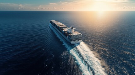 Large cargo ship navigating the open sea during sunset with a vibrant sky and moving water