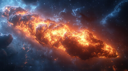 Obraz premium a giant fiery asteroid or comet burning in space. The object is engulfed in bright flames, its surface is riddled with cracks from which lava flows. 