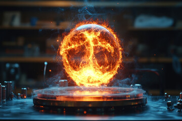 Fototapeta premium a fireball floating above a technological platform. It appears to be held by an invisible force or magnetic field, giving the impression of a scientific experiment or futuristic device 