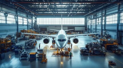 An expansive aerospace manufacturing hangar with engineers assembling components of commercial aircraft under stringent safety standards, Aerospace manufacturing hangar scene