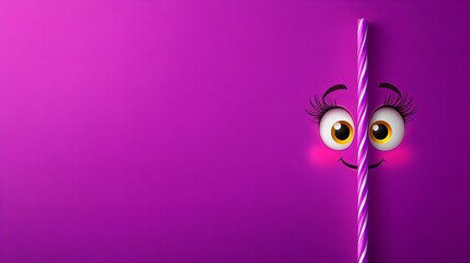 Playful purple cartoon eyes peeking from behind a striped straw. Fun, vibrant, and whimsical!