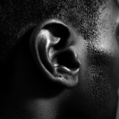 Close-up of a human ear in monochrome lighting showcasing skin texture and detail