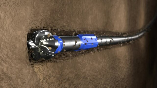 Directional and horizontal drilling. Oil well. Rig. PDC drill Bit. Diamond cutters. Motor. Moving cuttings. Suitable for educational purposes. 4K High resolution. 3D render. Animation. Seamless loop. 