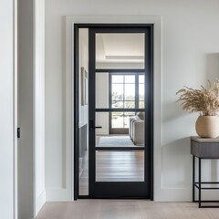 Modern Interior Glass Door Design:  Elegant Black Frame, Light Wood Floors, and Minimalist Decor