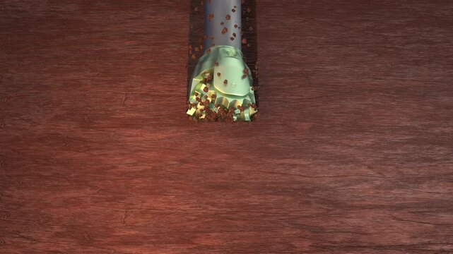 Roller cone drill bit while drilling a wellbore. Rock cuttings removed  the well. Oil and gas drilling rig. 3D render. 3D animation. High resolution. High quality. Suitable for educational proposes.