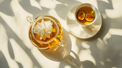 A glass teapot and cup of herbal tea, adorned with a flower and fig slices, bathed in sunlight.