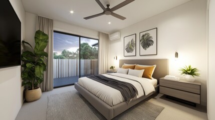 Fototapeta premium Modern Bedroom Design With Balcony View And Neutral Decor