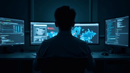 man sitting front three computer monitors dark room man facing away camera appears focused screens monitors arranged row largest monitor two smaller monitors right monitor displays different
