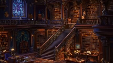 Fototapeta premium Grandiose Library With Bookshelves And Staircase