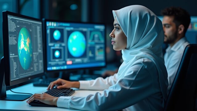 young woman wearing white hijab sitting desk front two computer monitors she focused screen appears working project monitors display various graphs charts woman looking intently one behind her man
